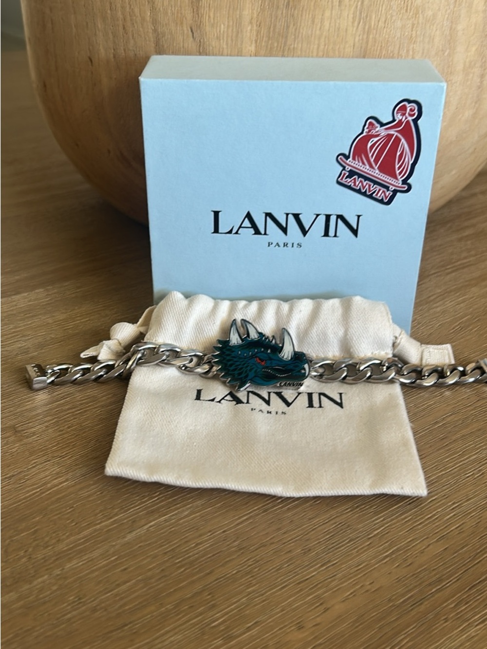 Lanvin Silver Curb Chain Bracelet with Teal Accent
